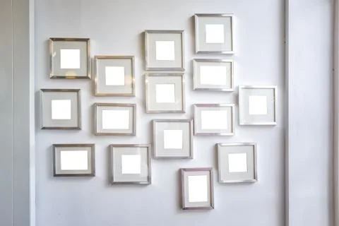 Multiple Many Blank Small Picture Frames Wall White Pure Mockup Decoration Stock Photos