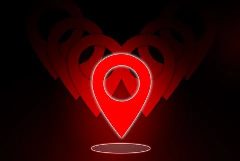 Multiple map pins as pointer icons with center one shining Illustrazione stock