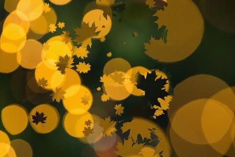 Multiple maple leaf silhouettes are floating over golden-yellow bokeh circles in Stock Photos