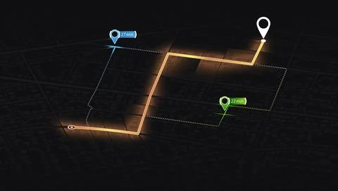 Multiple markers indicating various routes, including the shortest path option Stock Illustration
