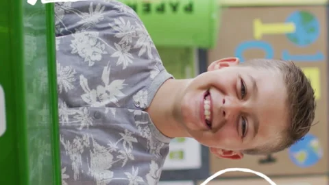 Multiple math concept icons against portrait of caucasian boy with recycle tray Stock Footage 312532598