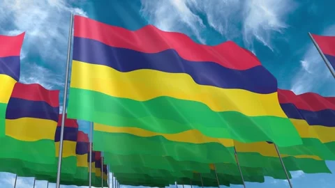 Multiple Mauritius flags seamless looping waving on blue sky Stock Footage 343682884