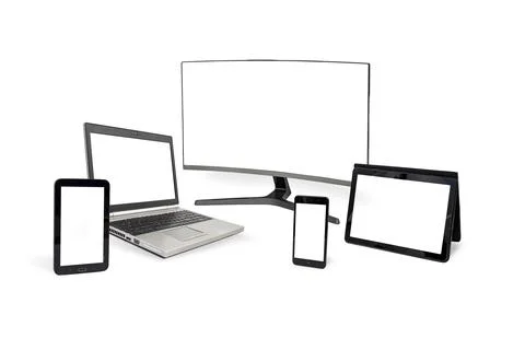 Multiple media electronic devices with white screens isolated on white back.. Foto stock