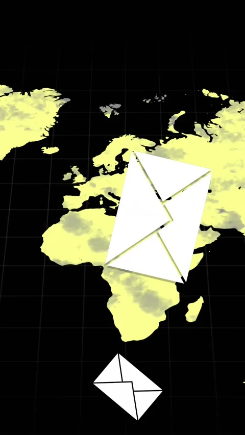 Multiple message icons falling against world map turning yellow on black Stock Footage 331646341