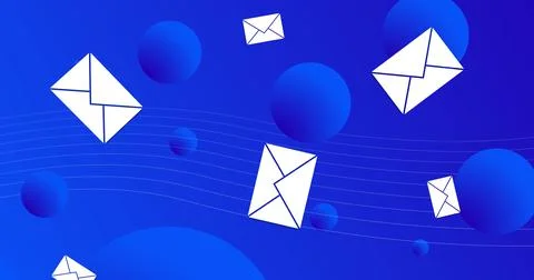 Multiple message icons falling against spheres on blue background Stock Illustration