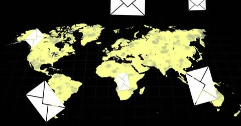 Multiple message icons falling against world map turning yellow on black Stock Illustration
