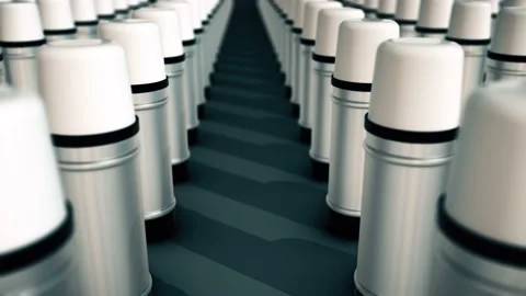 Multiple Metallic Thermos in a row 4k Stock Footage 148488669