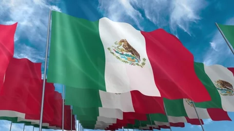 Multiple Mexico flags seamless looping waving on blue sky Stock Footage 343682992