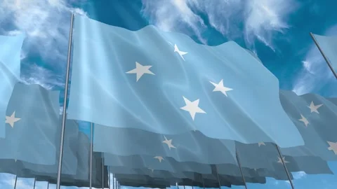 Multiple Micronesia flags seamless looping waving on blue sky Stock Footage 343682947