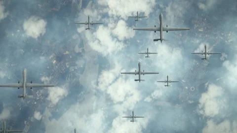Multiple military UAV drones flying in the sky heading for a massive strike Stock Footage