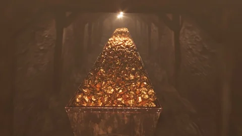 Multiple minecarts full of golden nuggets travelling through the tunnel 4KHD Stock Footage 126273481
