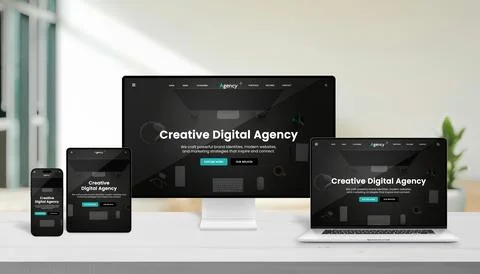 Multiple modern devices displaying creative digital agency website interfac.. Stock Photos