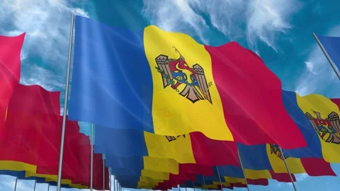 Multiple Moldova flags seamless looping waving on blue sky Stock Footage 343683076