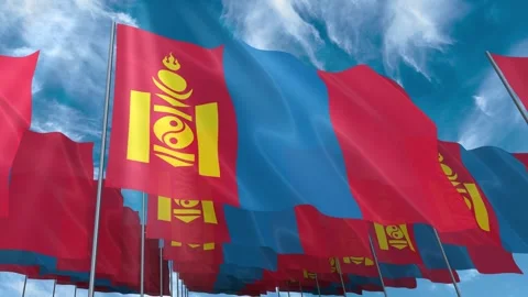 Multiple Mongolia flags seamless looping waving on blue sky Stock Footage 343683123