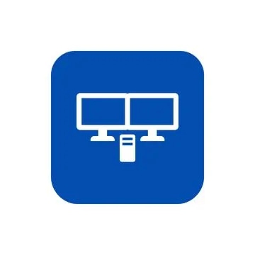 Multiple monitor computer setup icon with two screens and desktop pc on blu.. Stock Illustration