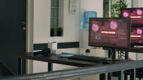 Multiple monitors displaying computer malfunction and security breach Stock-Fotos