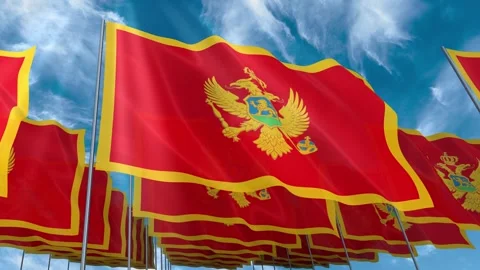 Multiple Montenegro flags seamless looping waving on blue sky Stock Footage 343683168