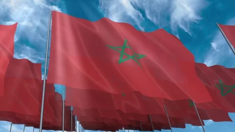 Multiple Morocco flags seamless looping waving on blue sky Stock Footage 343683163