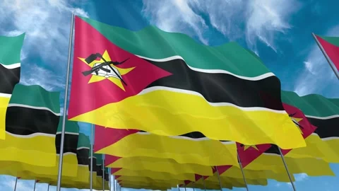 Multiple Mozambique flags seamless looping waving on blue sky Stock Footage 343683219