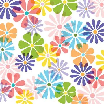 Multiple multi coloured overlapping flowers on white background Illustrazione stock