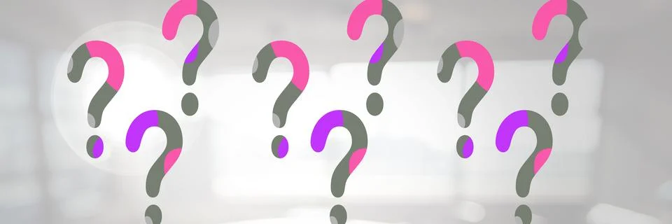 Multiple multicolor question marks against a white office building background, Fotos de archivo