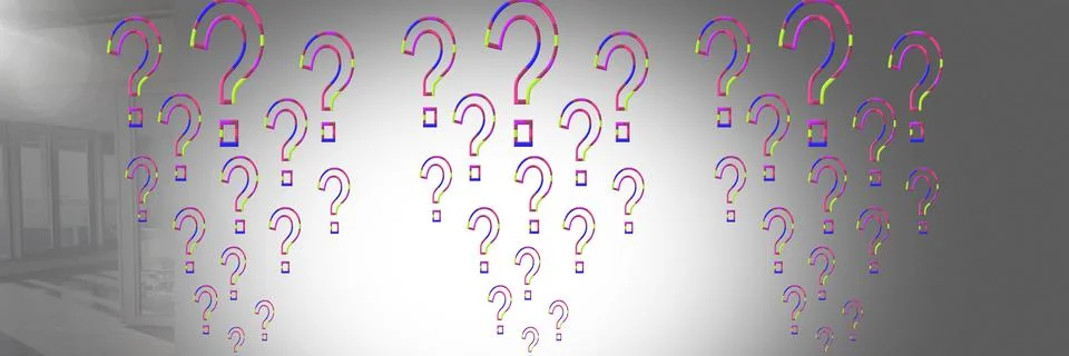 Multiple multicolor question marks against a white office building background, Fotos de archivo