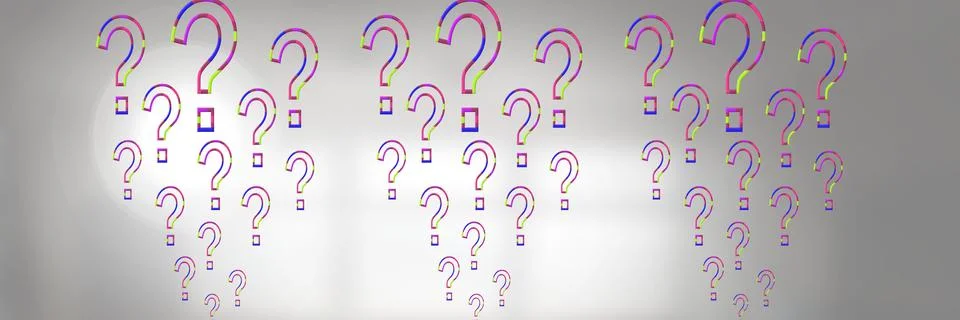 Multiple multicolor question marks against a white office building background, Fotos de archivo