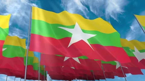 Multiple Myanmar flags seamless looping waving on blue sky Stock Footage 343683202