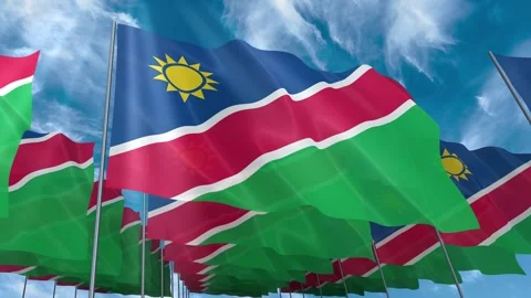 Multiple namibia flags seamless looping waving on blue sky Stock Footage 343683266