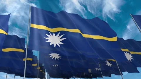 Multiple Nauru flags seamless looping waving on blue sky Stock Footage 343683431