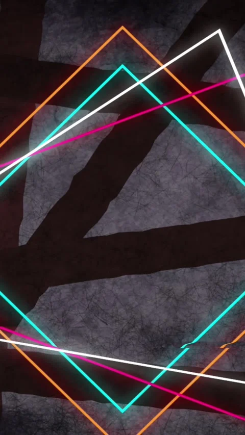 Multiple neon triangle shapes against dark lines on grey background Stock Footage 323781161