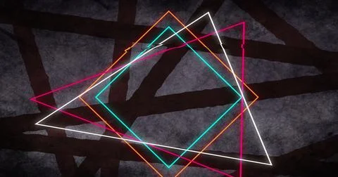 Multiple neon triangle shapes against dark lines on grey background Illustration