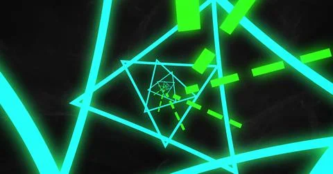 Multiple neon triangle shapes spinning against black background Illustration