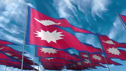 Multiple Nepal flags seamless looping waving on blue sky Stock Footage 343683441