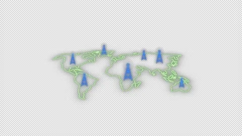 Multiple network tower radio waves signal in world map Stock Footage 211795868