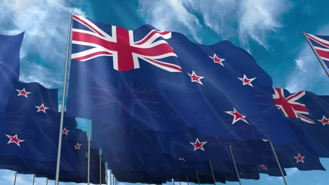 Multiple New Zealand flags seamless looping waving on blue sky Stock Footage 343683482