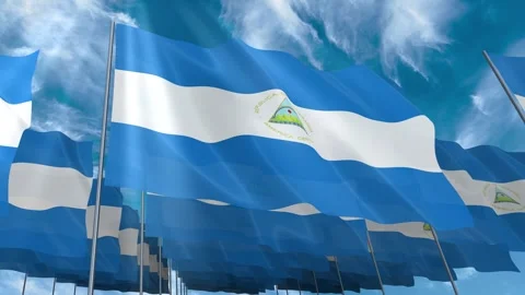 Multiple Nicaragua flags seamless looping waving on blue sky Stock Footage 343683545