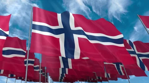 Multiple Norway flags seamless looping waving on blue sky Stock Footage 343683662