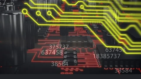Multiple numbers changing against microprocessor connections Stock Footage 141701887