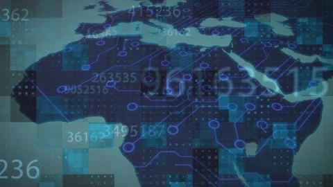 Multiple numbers changing against microprocessor connections on world map Vídeo Stock 141701985