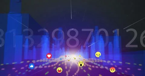 Multiple numbers changing against multiple face emojis floating over 3D city mod 스톡 일러스트