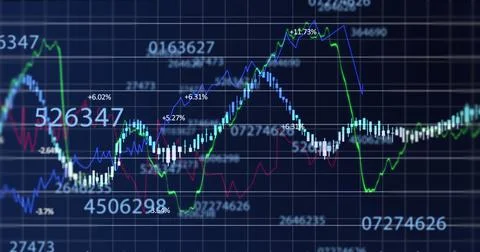 Multiple numbers changing over financial data processing against blue background Stock Illustration