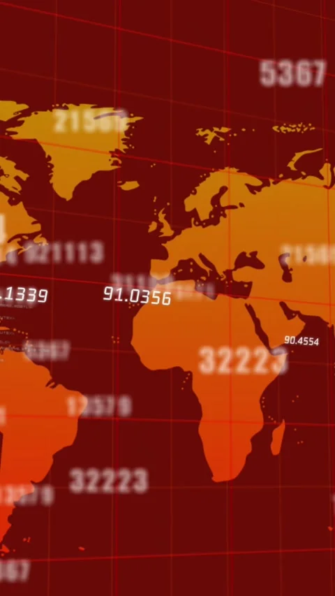 Multiple numbers changing over grid network against world map on red background Stock Footage 341918038