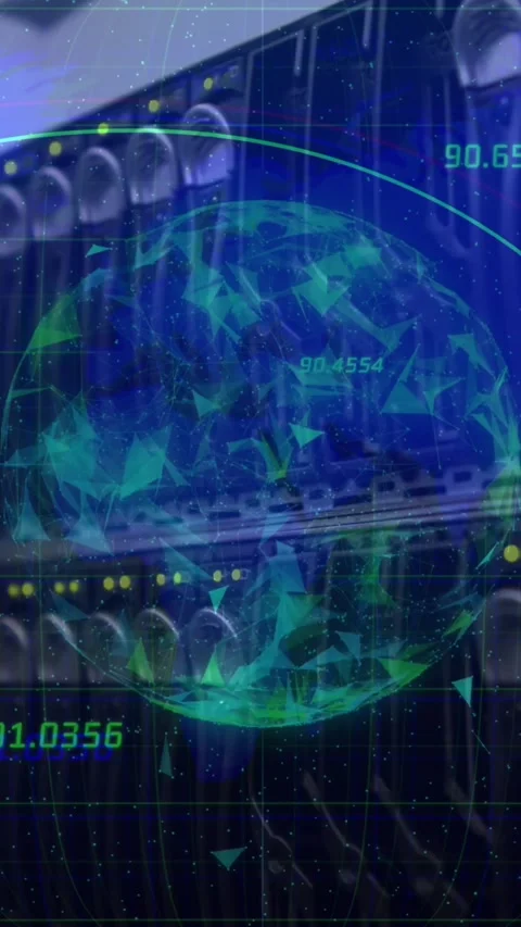 Multiple numbers floating over globe of plexus networks against close up of a Stock Footage 342677317