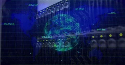 Multiple numbers floating over globe of plexus networks against close up of a イラスト素材