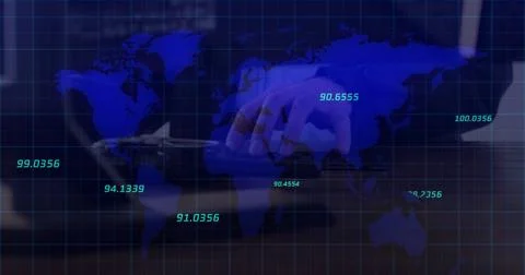 Multiple numbers floating over world map against person typing on keyboard Illustrazione stock