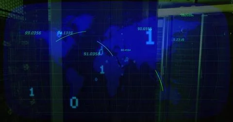 Multiple numbers floating over world map against close up of a computer server Ilustración de archivo