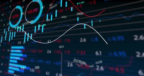 Multiple numbers increasing and falling against a black background Stock Illustration
