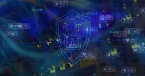 Multiple numbers over security shield and padlock icon against close up of a Stock Illustration