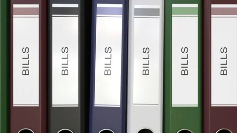 Multiple office folders with Bills text labels 3D rendering Stock Footage 74510225
